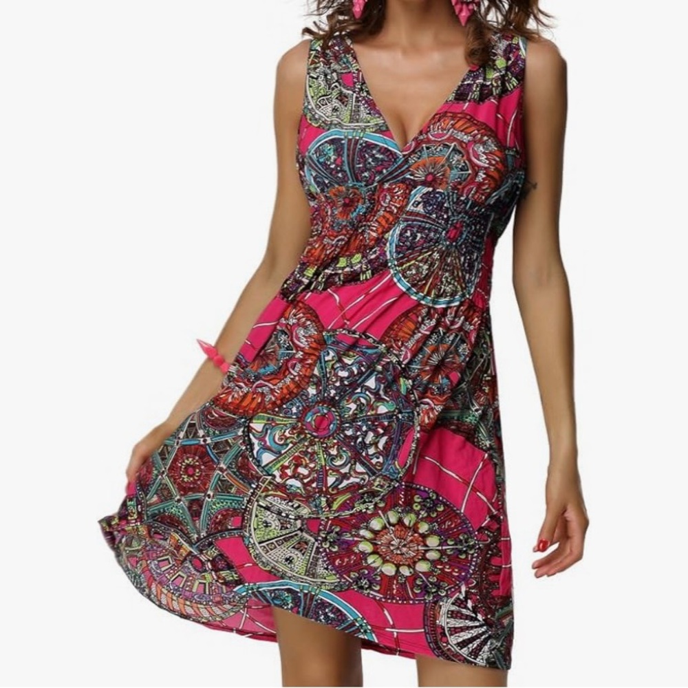 Vibrant Pink Patterned Sleeveless Dress